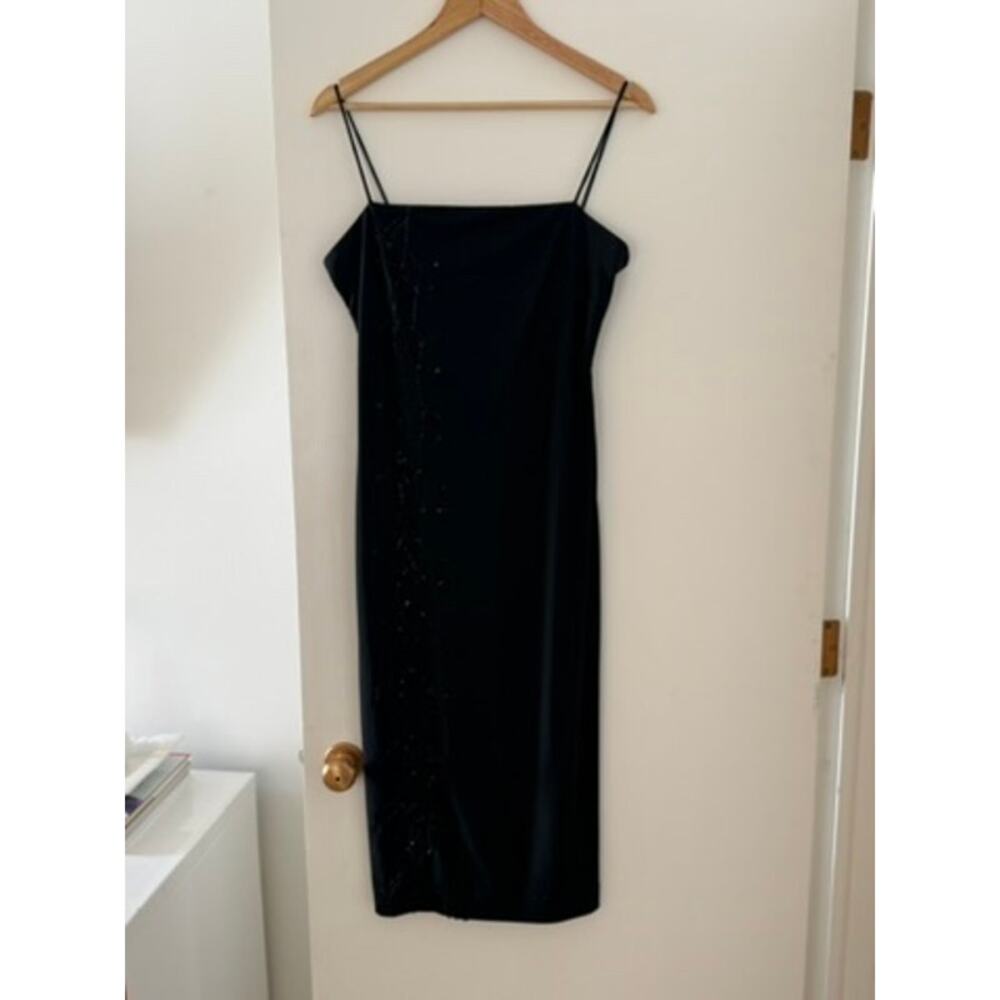 Vintage Black Beaded Slip Midi Dress 90s Strappy Cocktail Little Black Dress ✨